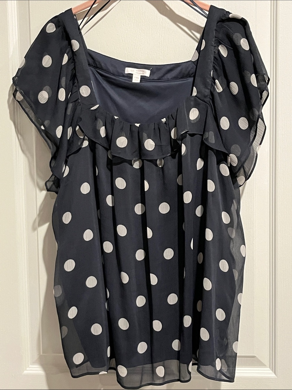 LC Lauren Conrad Navy & White Polka Dot Ruffle Sleeve Top